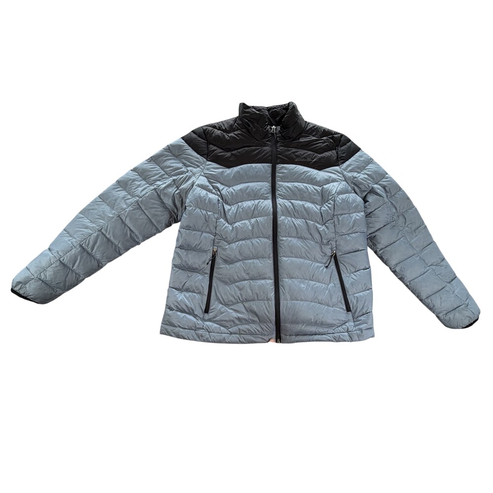 Eddie Bauer Down Puffer Jacket Womens XL Gray 2-Tone Quilted Zip Outdoor Warm